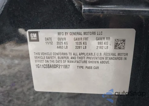 2013 Chevrolet Malibu 1Lt z USA, uszkodzony, nr VIN 1G11C5SA8DF211067